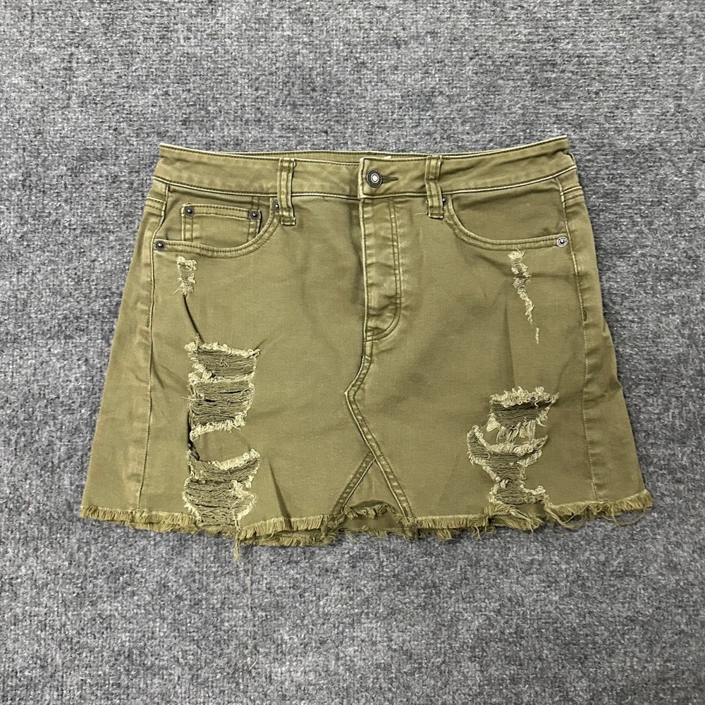 American Eagle Skirt Womens Size 8 Olive Green Distressed Denim Raw Hem Casual